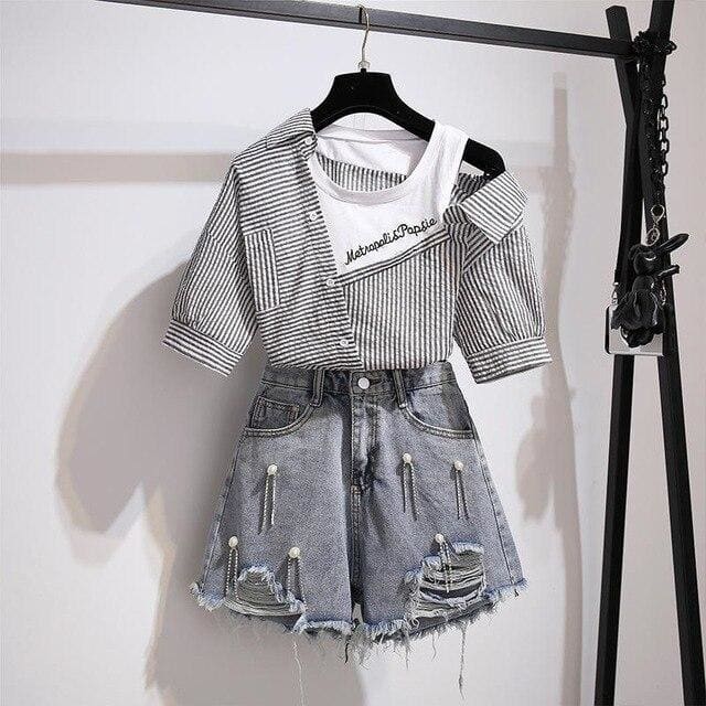 Summer 2 piece Striped Shirt and Shorts Set MK15003 - KawaiiMoriStore