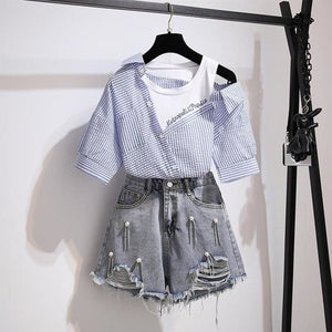 Summer 2 piece Striped Shirt and Shorts Set MK15003 - KawaiiMoriStore