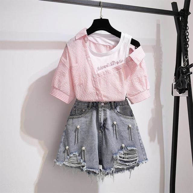 Summer 2 piece Striped Shirt and Shorts Set MK15003 - KawaiiMoriStore