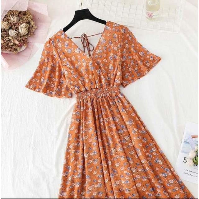 Summer Ruffled Sleeve Floral Print V-neck Dress MM1822 - 