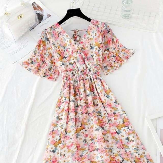 Summer Ruffled Sleeve Floral Print V-neck Dress MM1822 - 