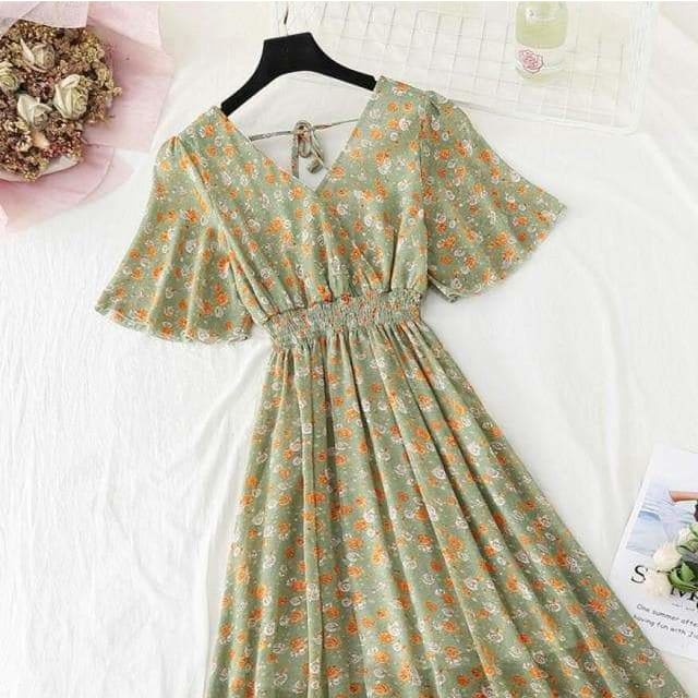 Summer Ruffled Sleeve Floral Print V-neck Dress MM1822 - 