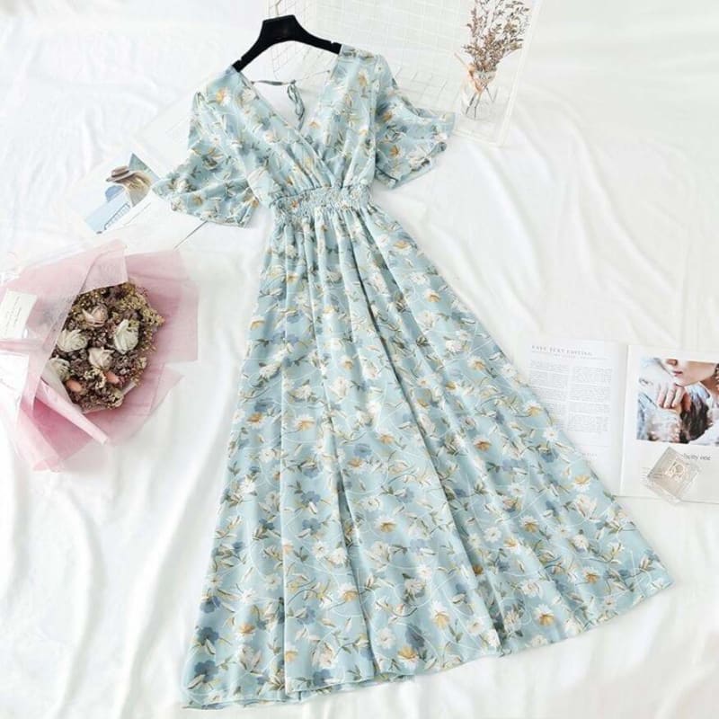 Summer Ruffled Sleeve Floral Print V-neck Dress MM1822 - 