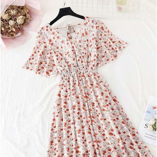 Summer Ruffled Sleeve Floral Print V-neck Dress MM1822 - 