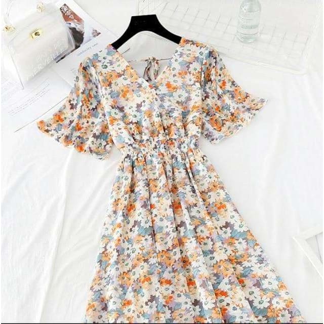 Summer Ruffled Sleeve Floral Print V-neck Dress MM1822 - 