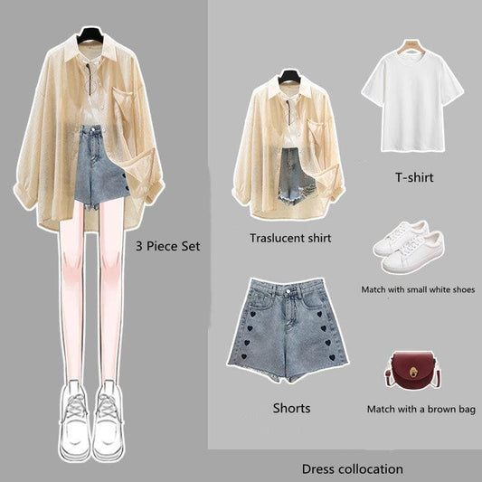 Summer/Spring Casual Outfit Denim Shorts White T-shirt Traslucent Apricot Shirt Set MK16029 - KawaiiMoriStore