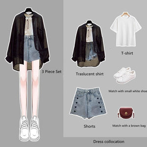 Summer/Spring Casual Outfit Denim Shorts White T-shirt Traslucent Apricot Shirt Set MK16029 - KawaiiMoriStore