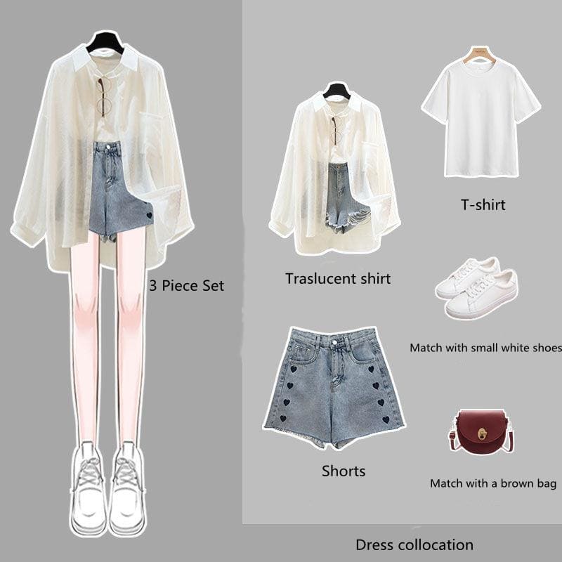 Summer/Spring Casual Outfit Denim Shorts White T-shirt Traslucent Apricot Shirt Set MK16029 - KawaiiMoriStore