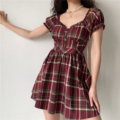 Summer/Spring Red Lace Puff Sleeve Dress MK16059 - KawaiiMoriStore