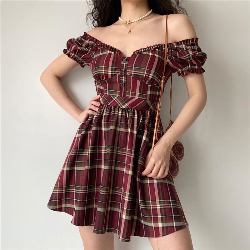 Summer/Spring Red Lace Puff Sleeve Dress MK16059 - KawaiiMoriStore