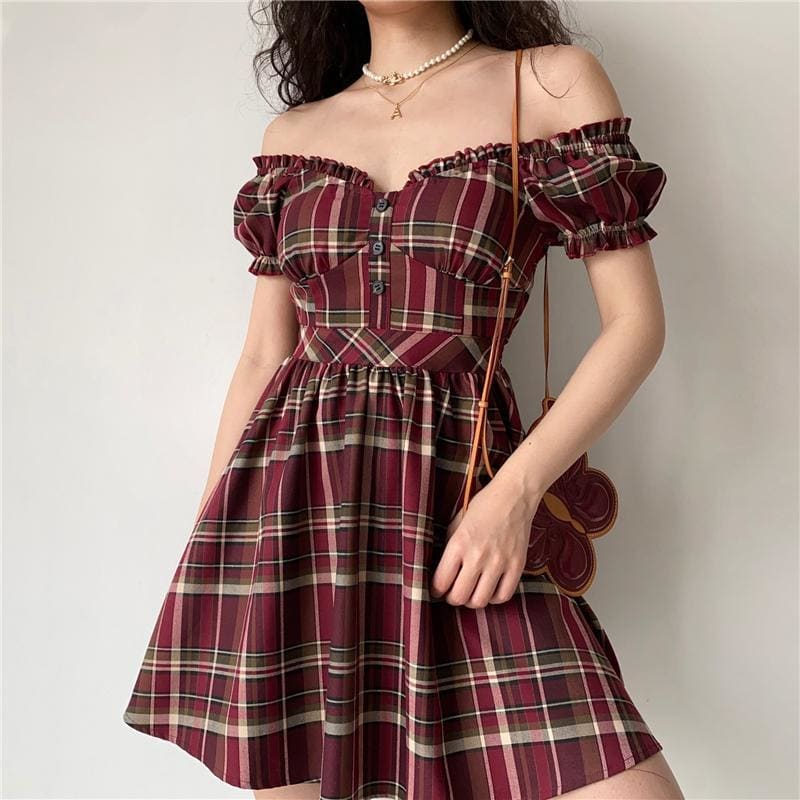 Summer/Spring Red Lace Puff Sleeve Dress MK16059 - KawaiiMoriStore