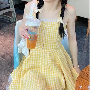 Sunmeadow Plaid Yellow Kawaii Dolly Summer Picnic Dress – KawaiiMoriStore