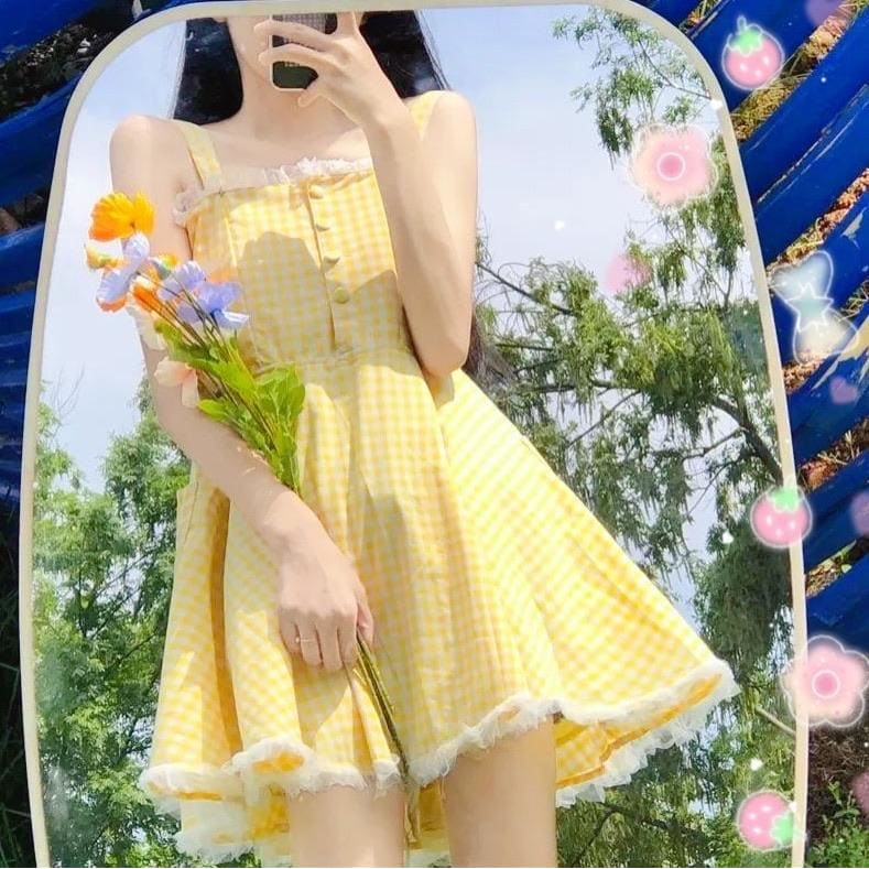 Sunmeadow Plaid Yellow Kawaii Dolly Summer Picnic Dress - 