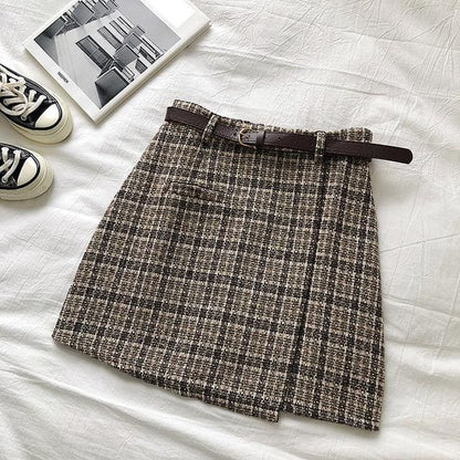 Sweet Autumn - High Waist Plaid A-line Mini Skirt - Skirt