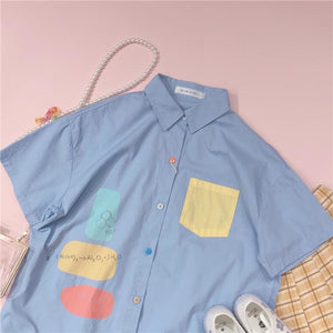 Sweet Blend Color Pocket  Preppy Style Short Sleeve Shirt MK15455 - KawaiiMoriStore