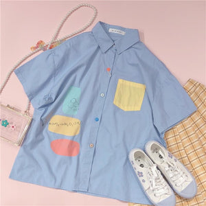 Sweet Blend Color Pocket  Preppy Style Short Sleeve Shirt MK15455 - KawaiiMoriStore