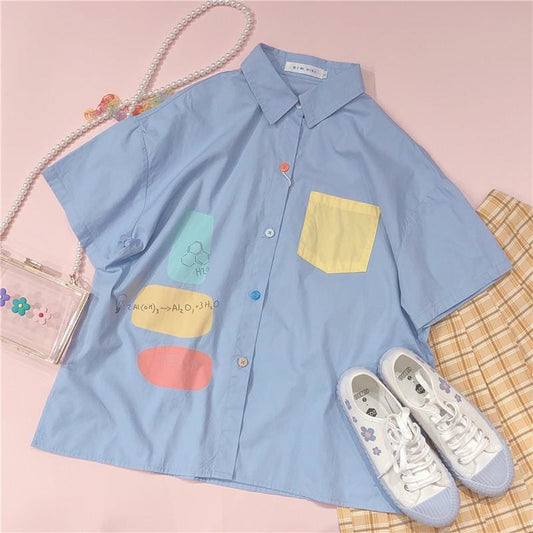 Sweet Blend Color Pocket  Preppy Style Short Sleeve Shirt MK15455 - KawaiiMoriStore