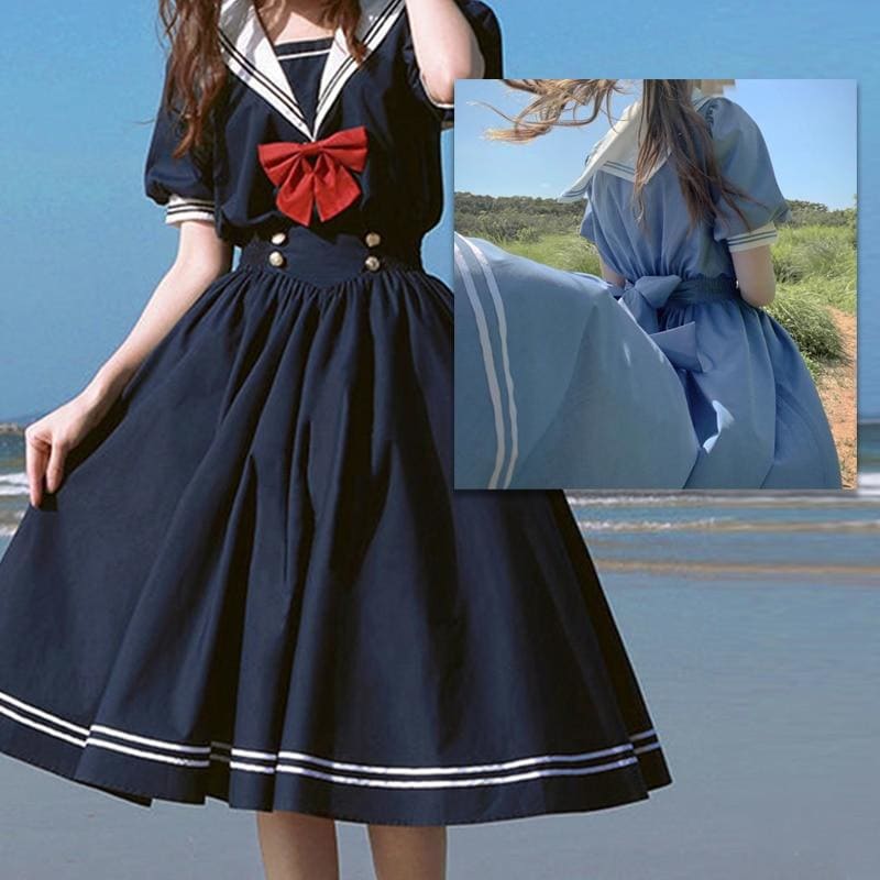 Sweet Bow-knot Harajuku MKilor Collar Navy Lolita Dress MK15292 - KawaiiMoriStore