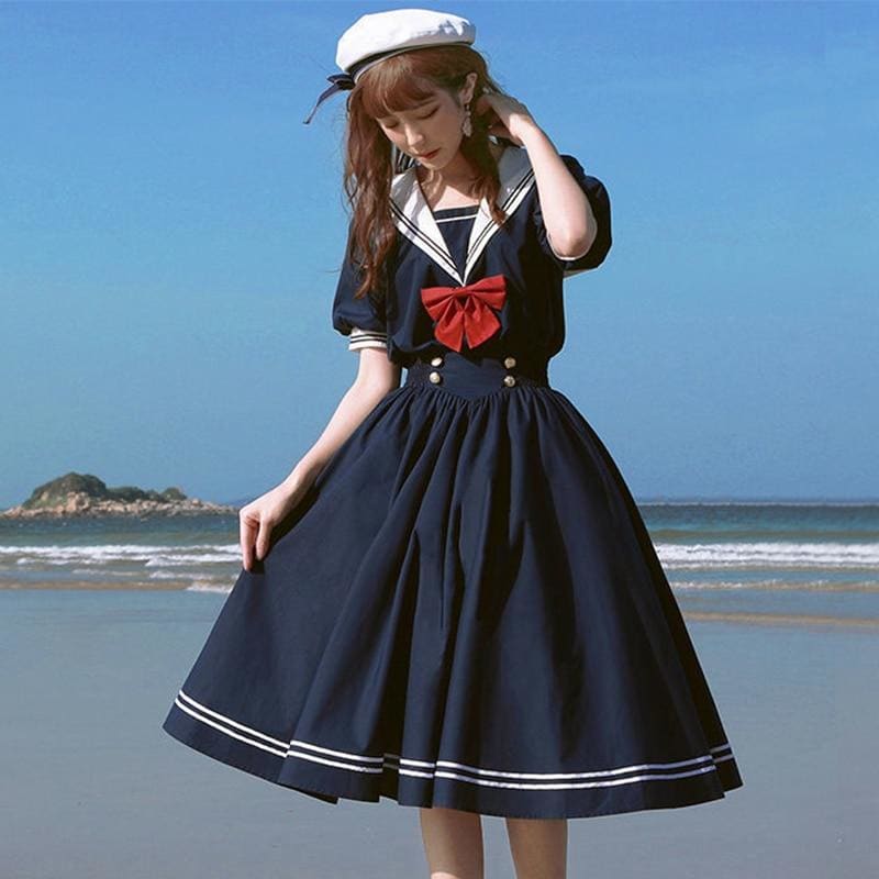 Sweet Bow-knot Harajuku MKilor Collar Navy Lolita Dress MK15292 - KawaiiMoriStore