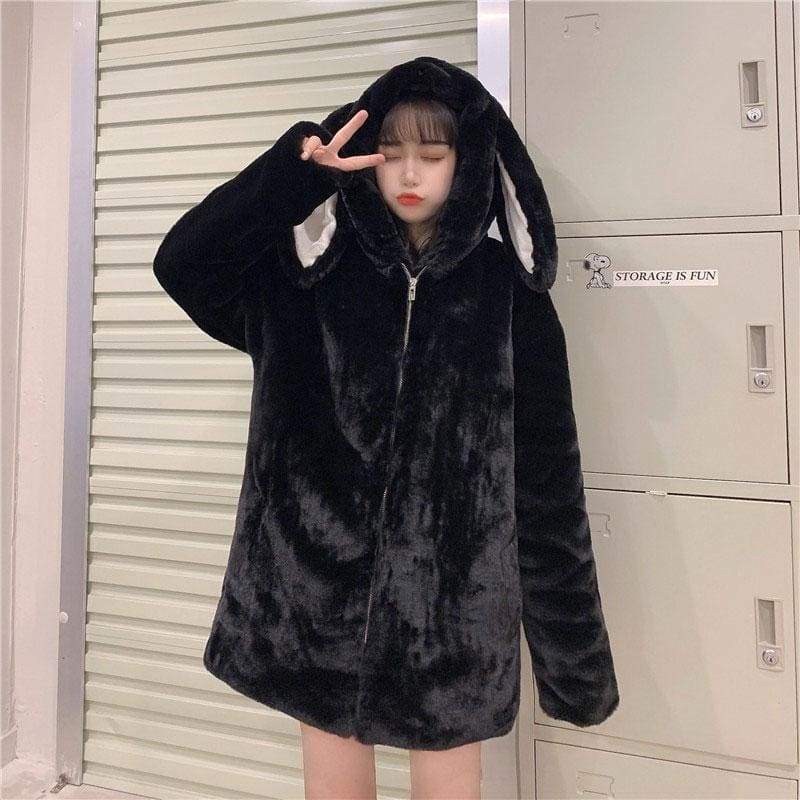 Sweet Bunny Ears Plush Hooded Coat MK0700 - KawaiiMoriStore