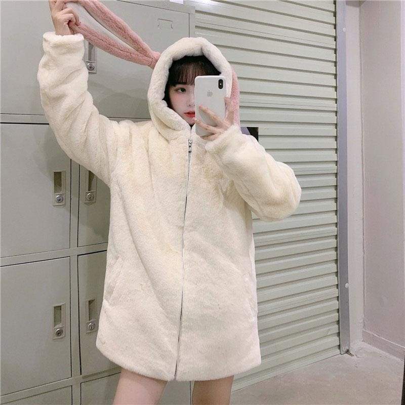 Sweet Bunny Ears Plush Hooded Coat MK0700 - KawaiiMoriStore