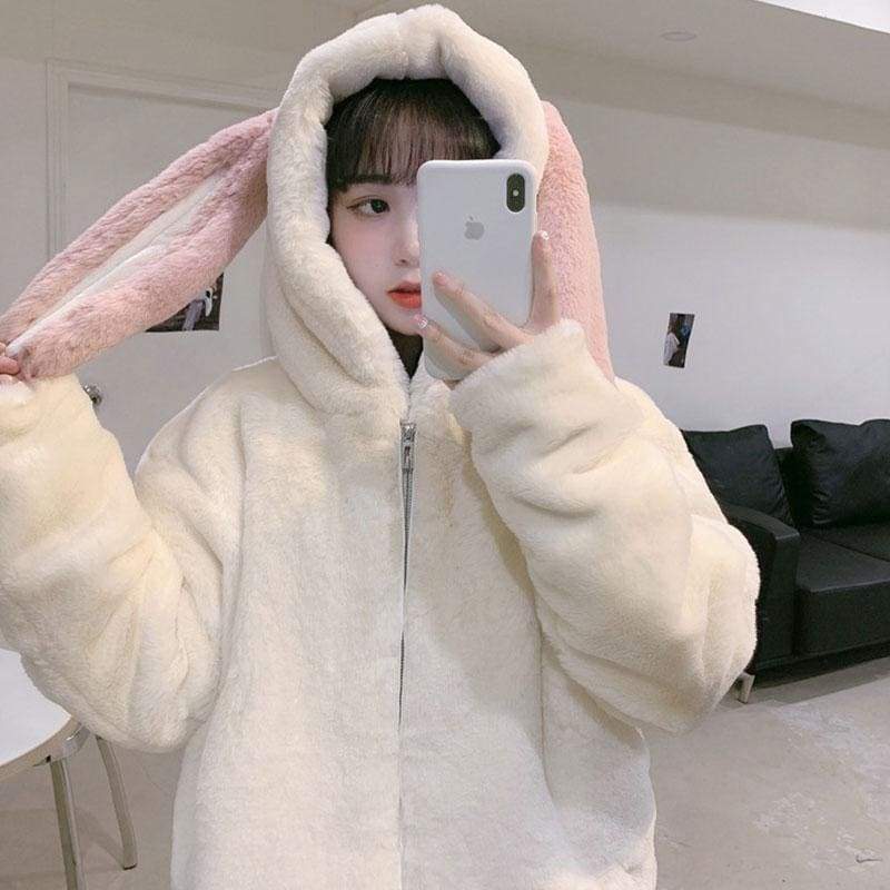 Sweet Bunny Ears Plush Hooded Coat MK0700 - KawaiiMoriStore
