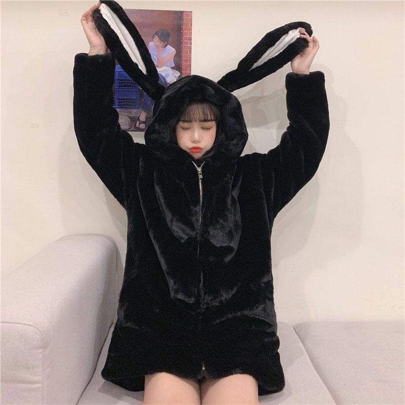 Sweet Bunny Ears Plush Hooded Coat MK0700 - KawaiiMoriStore