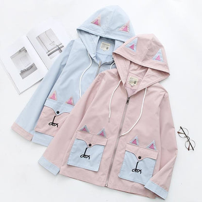 Sweet Cartoon Fox Embroidery Zipper Coat MK15081 - KawaiiMoriStore