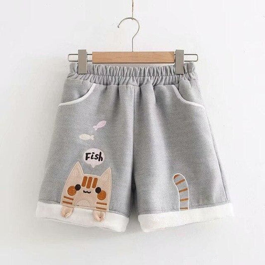 Sweet Cat Eat Fish Elastic Waist Shorts MK14845 - KawaiiMoriStore