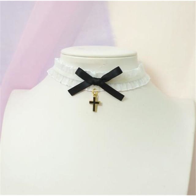 Sweet Cross Pendant Bownot Choker Cute Lolita Ribbon Chain Necklace MK079 - KawaiiMoriStore