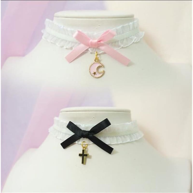 Sweet Cross Pendant Bownot Choker Cute Lolita Ribbon Chain Necklace MK079 - KawaiiMoriStore