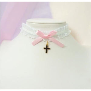 Sweet Cross Pendant Bownot Choker Cute Lolita Ribbon Chain Necklace MK079 - KawaiiMoriStore
