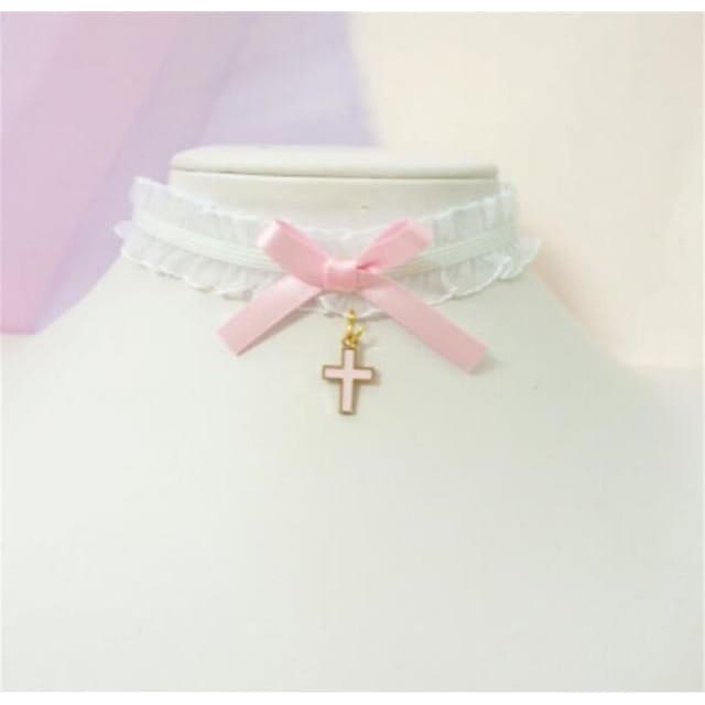 Sweet Cross Pendant Bownot Choker Cute Lolita Ribbon Chain Necklace MK079 - KawaiiMoriStore