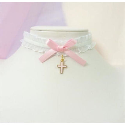 Sweet Cross Pendant Bownot Choker Cute Lolita Ribbon Chain Necklace MK079 - KawaiiMoriStore