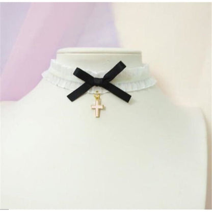 Sweet Cross Pendant Bownot Choker Cute Lolita Ribbon Chain Necklace MK079 - KawaiiMoriStore