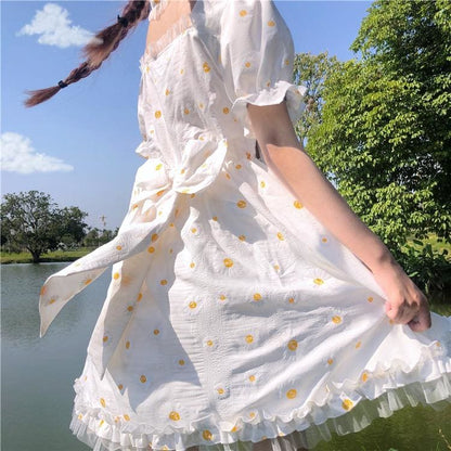 Sweet Cute Bow Lace Daisy Floral Dress MM1074 - KawaiiMoriStore