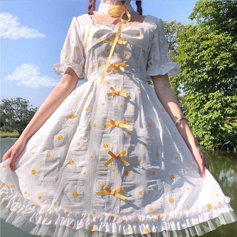 Sweet Cute Bow Lace Daisy Floral Dress MM1074 - KawaiiMoriStore