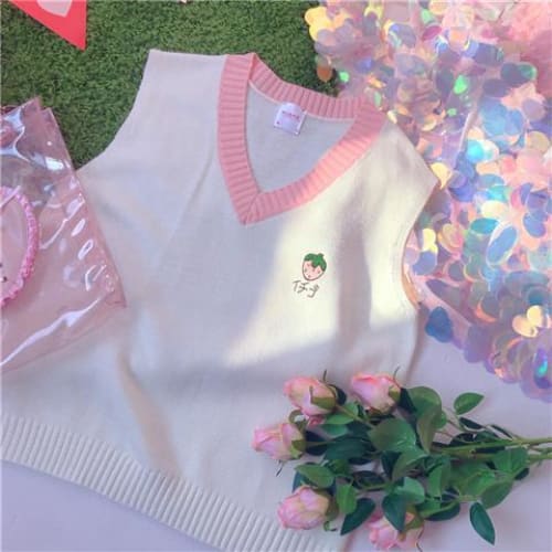 Sweet Cute Embroidery Peach Strawberry Pullovers Knitted Vest Sweater MK15963 - KawaiiMoriStore