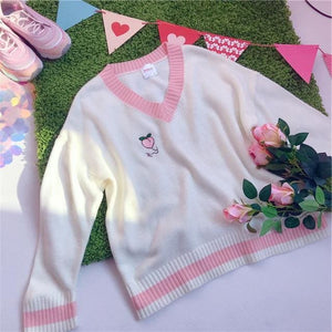 Sweet Cute Embroidery Peach Strawberry Pullovers Knitted Vest Sweater MK15963 - KawaiiMoriStore
