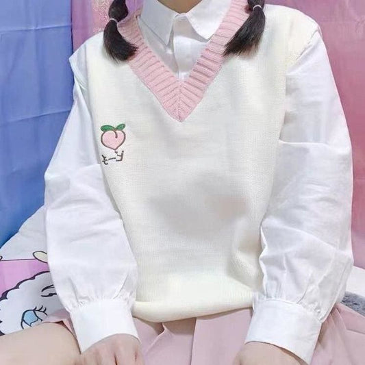 Sweet Cute Embroidery Peach Strawberry Pullovers Knitted Vest Sweater MK15963 - KawaiiMoriStore