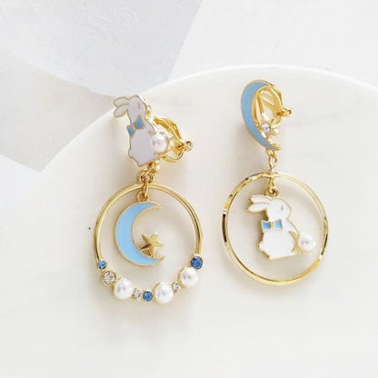 Sweet Cute Moon And Rabbit Pearl Beads Earrings Ear Clip MK15022 - KawaiiMoriStore