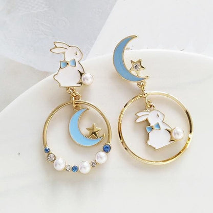 Sweet Cute Moon And Rabbit Pearl Beads Earrings Ear Clip MK15022 - KawaiiMoriStore