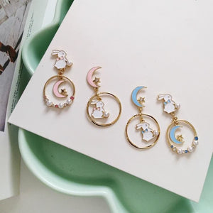 Sweet Cute Moon And Rabbit Pearl Beads Earrings Ear Clip MK15022 - KawaiiMoriStore