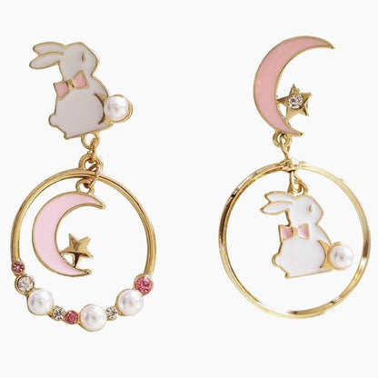 Sweet Cute Moon And Rabbit Pearl Beads Earrings Ear Clip MK15022 - KawaiiMoriStore