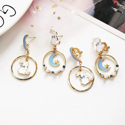 Sweet Cute Moon And Rabbit Pearl Beads Earrings Ear Clip MK15022 - KawaiiMoriStore