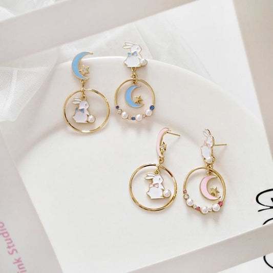 Sweet Cute Moon And Rabbit Pearl Beads Earrings Ear Clip MK15022 - KawaiiMoriStore