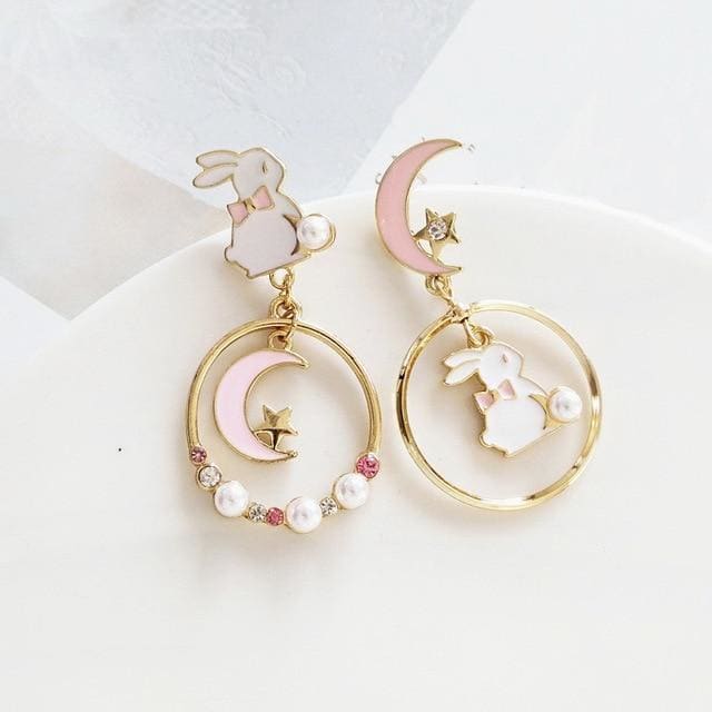 Sweet Cute Moon And Rabbit Pearl Beads Earrings Ear Clip MK15022 - KawaiiMoriStore