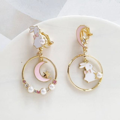 Sweet Cute Moon And Rabbit Pearl Beads Earrings Ear Clip MK15022 - KawaiiMoriStore