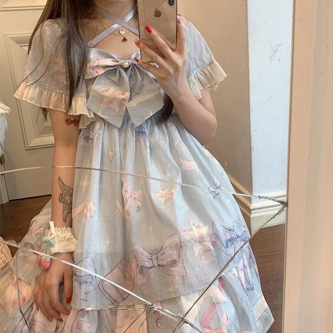 Sweet Cute Pink/Blue Lolita Star Bowknot Print Bandage Dress MM1211 - KawaiiMoriStore