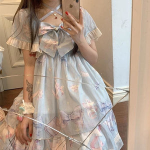 Sweet Cute Pink/Blue Lolita Star Bowknot Print Bandage Dress MM1211 - KawaiiMoriStore